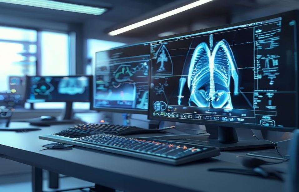Radiology workstation with anonymized medical images and AI overlays